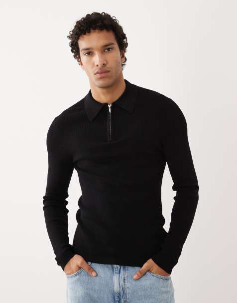 ASOS DESIGN muscle fit long sleeve knit half zip polo in black - view 1