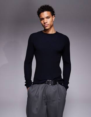 Asos Design Muscle Fit Long Sleeve Knit Plated Rib Crew Neck T-shirt In Black