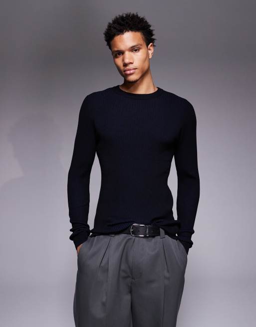 ASOS DESIGN muscle fit long sleeve knit plated rib crew neck T-shirt in blue