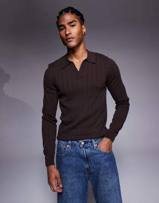 Asos Design Muscle Fit Long Sleeve Knit Rib Notch Neck Polo In Black
