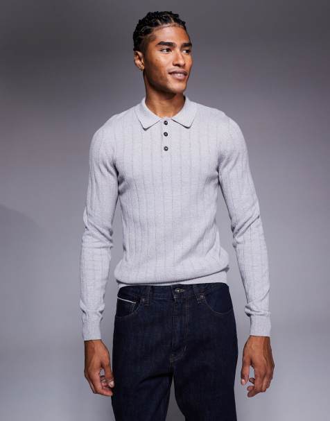 ASOS DESIGN muscle fit long sleeve knit rib polo in light gray heather - view 1
