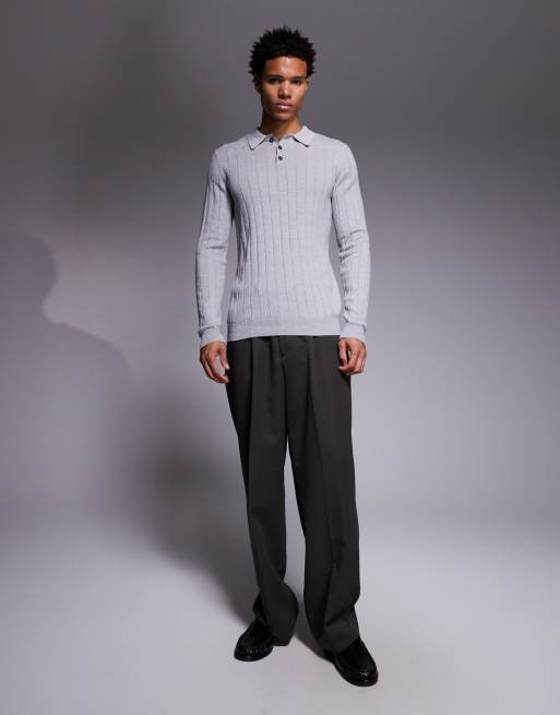 ASOS DESIGN muscle fit long sleeve knit rib polo in light gray heather, 2 of 5
