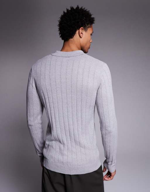 ASOS DESIGN muscle fit long sleeve knit rib polo in light gray heather, 3 of 5