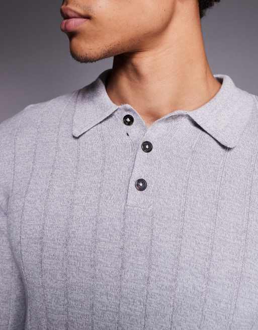 ASOS DESIGN muscle fit long sleeve knit rib polo in light gray heather, 5 of 5