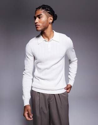 Asos Design Muscle Fit Long Sleeve Knit Rib Polo In White
