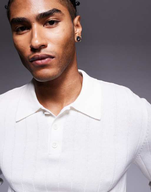 ASOS DESIGN muscle fit long sleeve knit rib polo in white