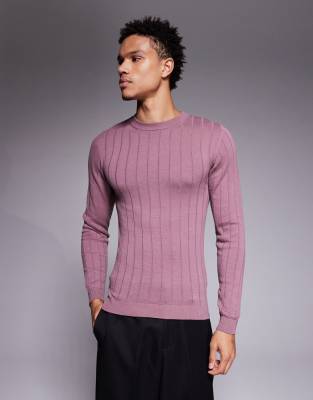Asos Design Muscle Fit Long Sleeve Knit Rib T-shirt In Purple