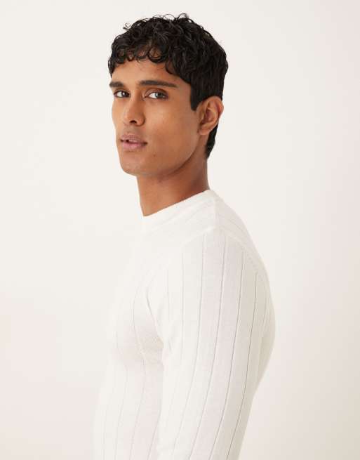 ASOS DESIGN muscle fit long sleeve knit rib T-shirt in off-white