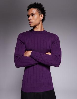 Asos Design Muscle Fit Long Sleeve Knit Rib T-shirt In Purple