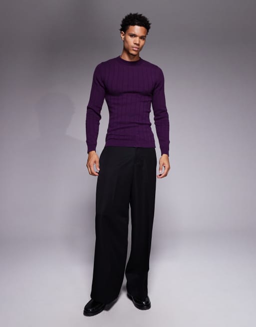 ASOS DESIGN muscle fit long sleeve knit rib T-shirt in purple