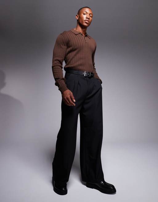 ASOS DESIGN muscle fit long sleeve knit ribbed polo in brown, 2 of 4