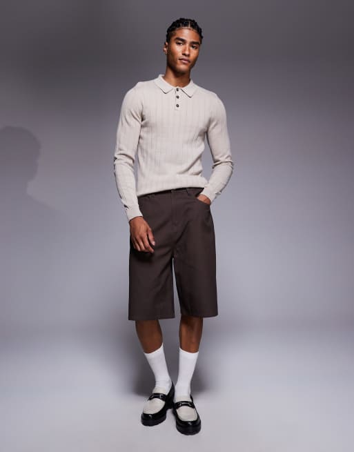ASOS DESIGN muscle fit long sleeve knit ribbed polo in stone