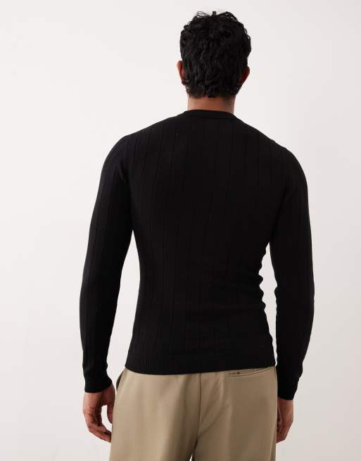 ASOS DESIGN muscle fit long sleeve knit ribbed T-shirt in black, 3 of 5