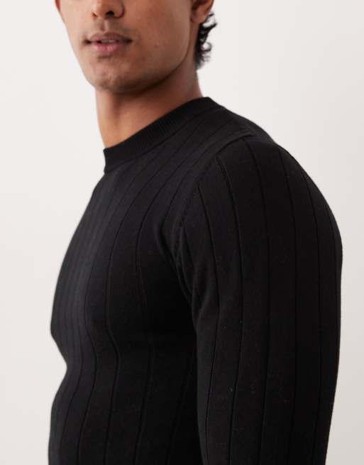 ASOS DESIGN muscle fit long sleeve knit ribbed T-shirt in black, 4 of 5