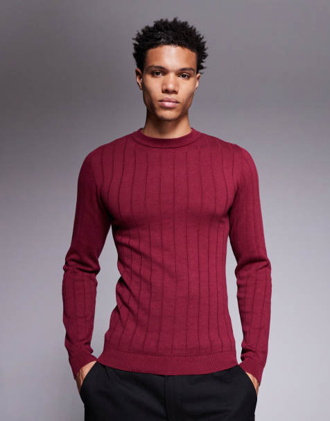 ASOS DESIGN muscle fit long sleeve knit ribbed T-shirt in burgundy - view 1
