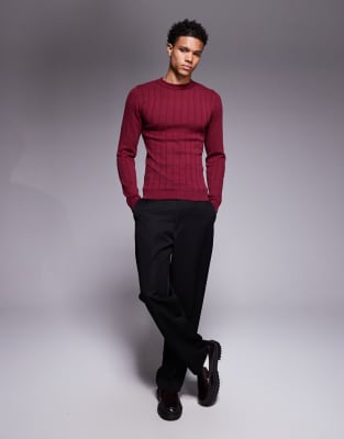 Asos Design Muscle Fit Long Sleeve Knit Ribbed Turtle Neck T-shirt In Burgundy