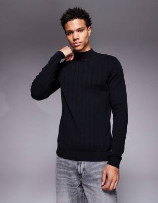 Asos Design Muscle Fit Long Sleeve Knit Ribbed Turtle Neck T-shirt In Black