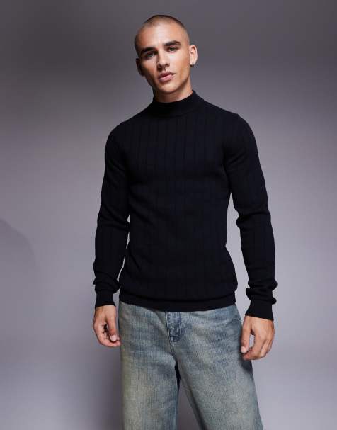 ASOS DESIGN muscle fit long sleeve knit ribbed turtle neck T-shirt in black - view 1