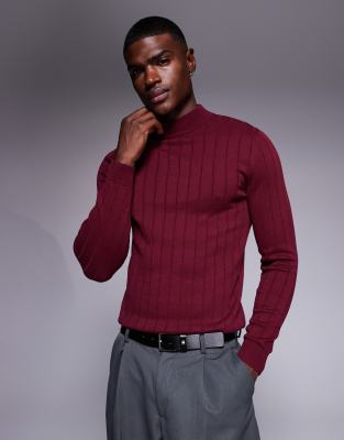 Asos Design Muscle Fit Long Sleeve Knit Ribbed Turtle Neck T-shirt In Red