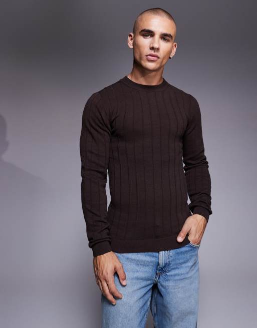 ASOS DESIGN muscle fit long sleeve knitted crew neck in brown