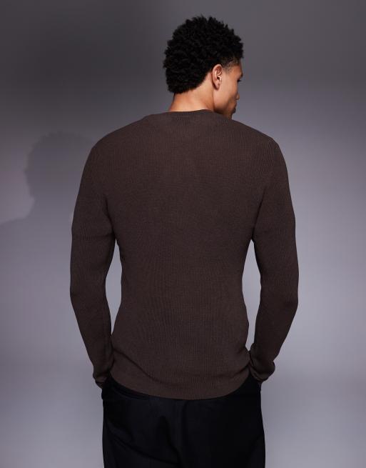 ASOS DESIGN muscle fit long sleeve knitted crew neck t-shirt in brown, 3 of 5