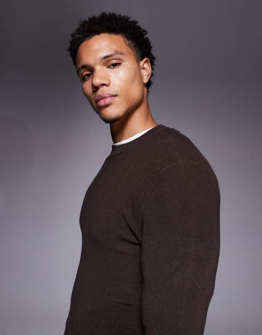 ASOS DESIGN muscle fit long sleeve knitted crew neck t-shirt in brown, 4 of 5