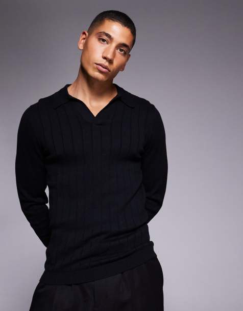ASOS DESIGN muscle fit long sleeve knitted rib notch neck polo in black - view 1