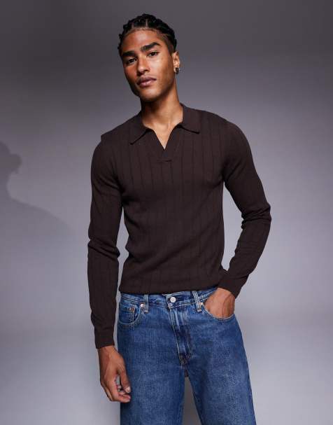 ASOS DESIGN muscle fit long sleeve knitted rib notch neck polo in brown - view 1