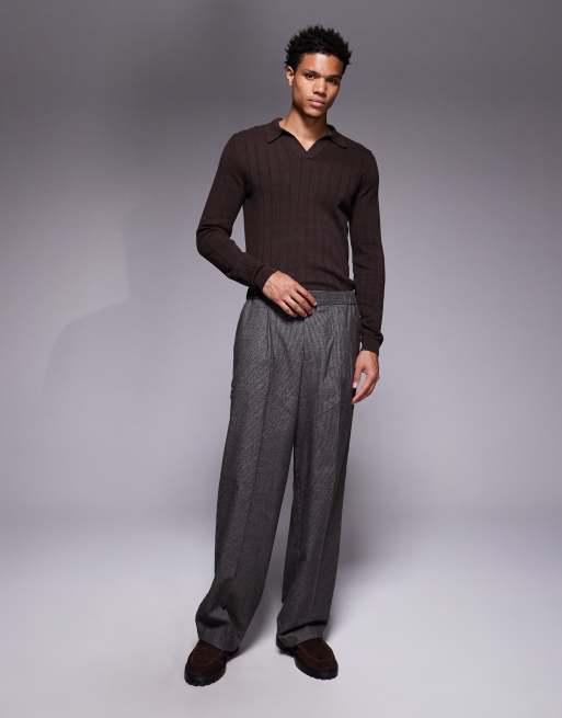 ASOS DESIGN muscle fit long sleeve knitted rib notch neck polo in brown, 2 of 5