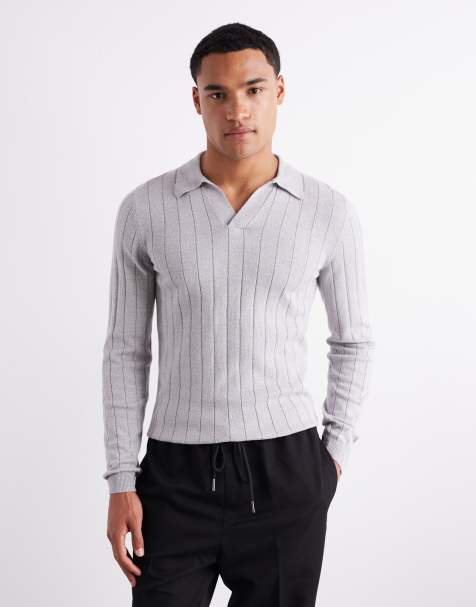 ASOS DESIGN muscle fit long sleeve knitted rib notch neck polo in light grey marl - view 1