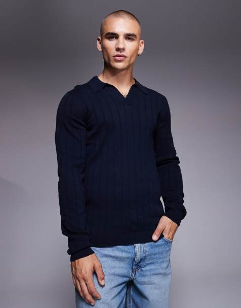 ASOS DESIGN muscle fit long sleeve knitted rib notch neck polo in navy - view 1