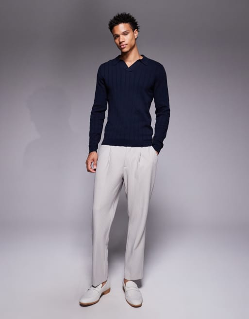 ASOS DESIGN muscle fit long sleeve knitted rib notch neck polo in navy, 2 of 5