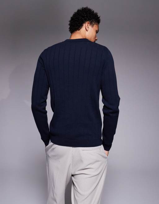 ASOS DESIGN muscle fit long sleeve knitted rib notch neck polo in navy, 3 of 5