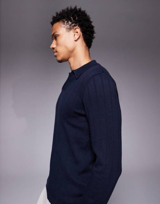 ASOS DESIGN muscle fit long sleeve knitted rib notch neck polo in navy, 4 of 5