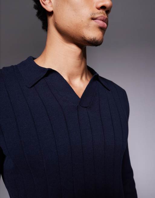 ASOS DESIGN muscle fit long sleeve knitted rib notch neck polo in navy, 5 of 5