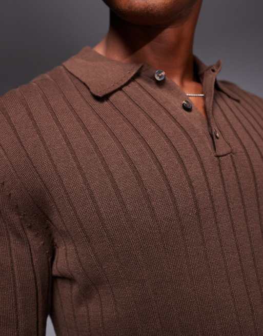 ASOS DESIGN muscle fit long sleeve knitted rib polo in brown, 3 of 4