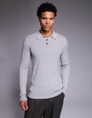 ASOS DESIGN muscle fit long sleeve knitted rib polo in light grey marl