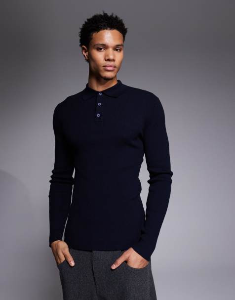 ASOS DESIGN muscle fit long sleeve knitted rib polo in navy cotton blend - view 1