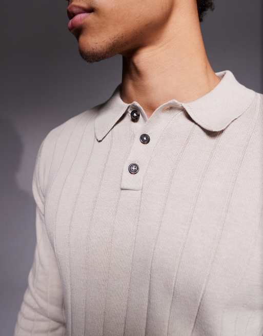 ASOS DESIGN muscle fit long sleeve knitted rib polo in stone, 5 of 5