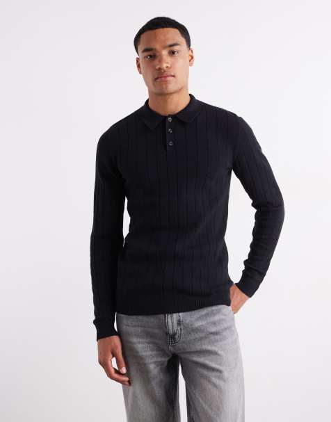 ASOS DESIGN muscle fit long sleeve knitted rib polo shirt in black - view 1