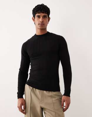 ASOS DESIGN muscle fit long sleeve knitted rib t-shirt in black