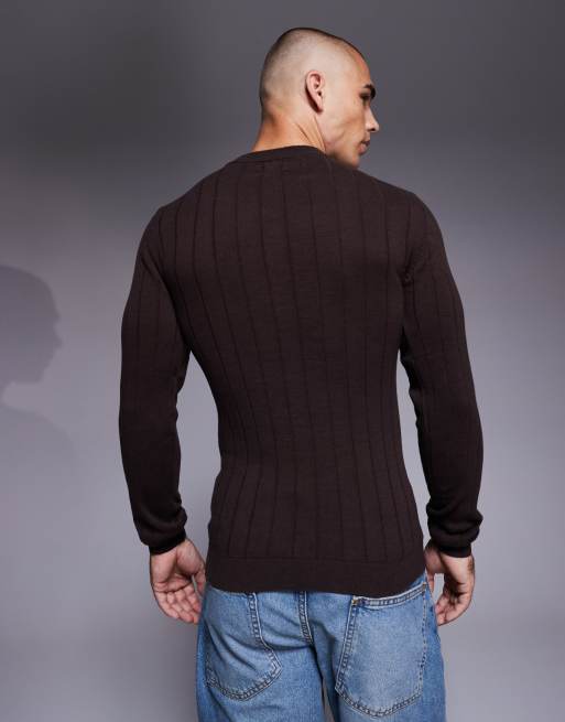 ASOS DESIGN muscle fit long sleeve knitted rib t-shirt in brown, 3 of 5