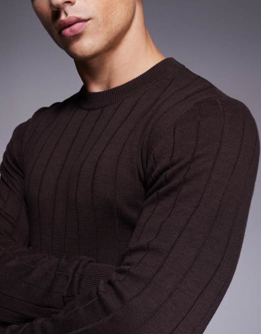 ASOS DESIGN muscle fit long sleeve knitted rib t-shirt in brown, 4 of 5