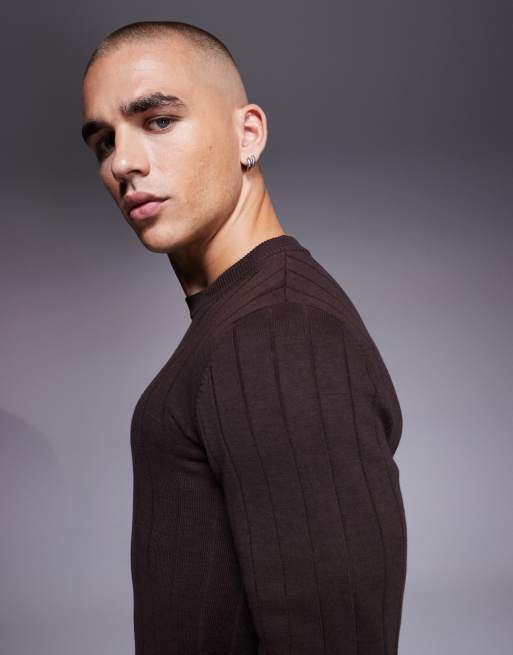 ASOS DESIGN muscle fit long sleeve knitted rib t-shirt in brown, 5 of 5