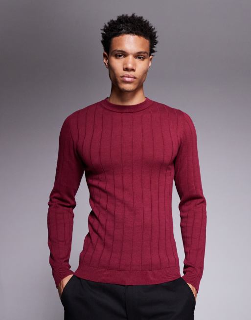 ASOS DESIGN muscle fit long sleeve knitted rib t-shirt in burgundy