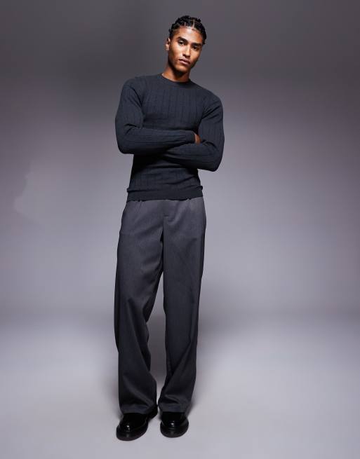 ASOS DESIGN muscle fit long sleeve knitted rib t-shirt in charcoal, 2 of 5