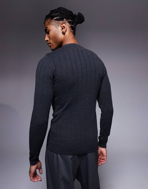 ASOS DESIGN muscle fit long sleeve knitted rib t-shirt in charcoal, 3 of 5