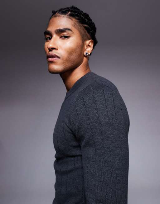 ASOS DESIGN muscle fit long sleeve knitted rib t-shirt in charcoal, 4 of 5
