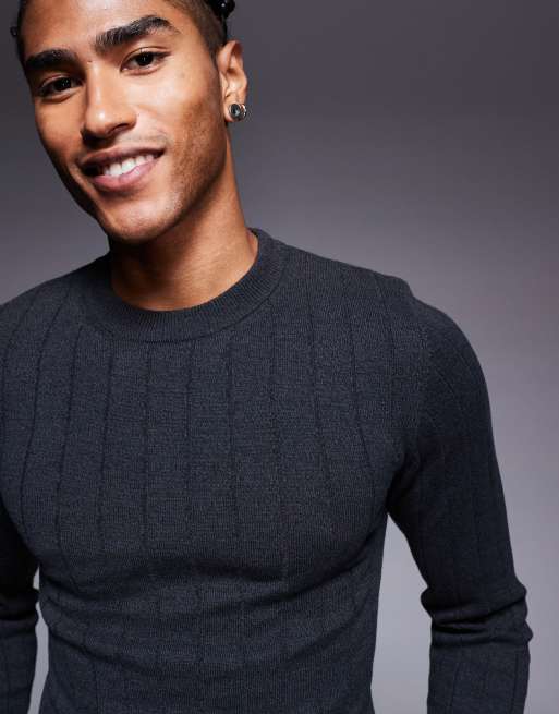 ASOS DESIGN muscle fit long sleeve knitted rib t-shirt in charcoal, 5 of 5