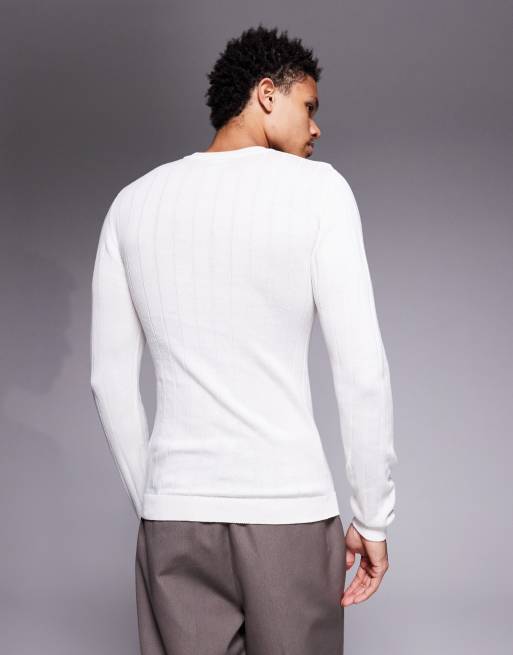 ASOS DESIGN muscle fit long sleeve knitted rib t-shirt in off white, 3 of 5
